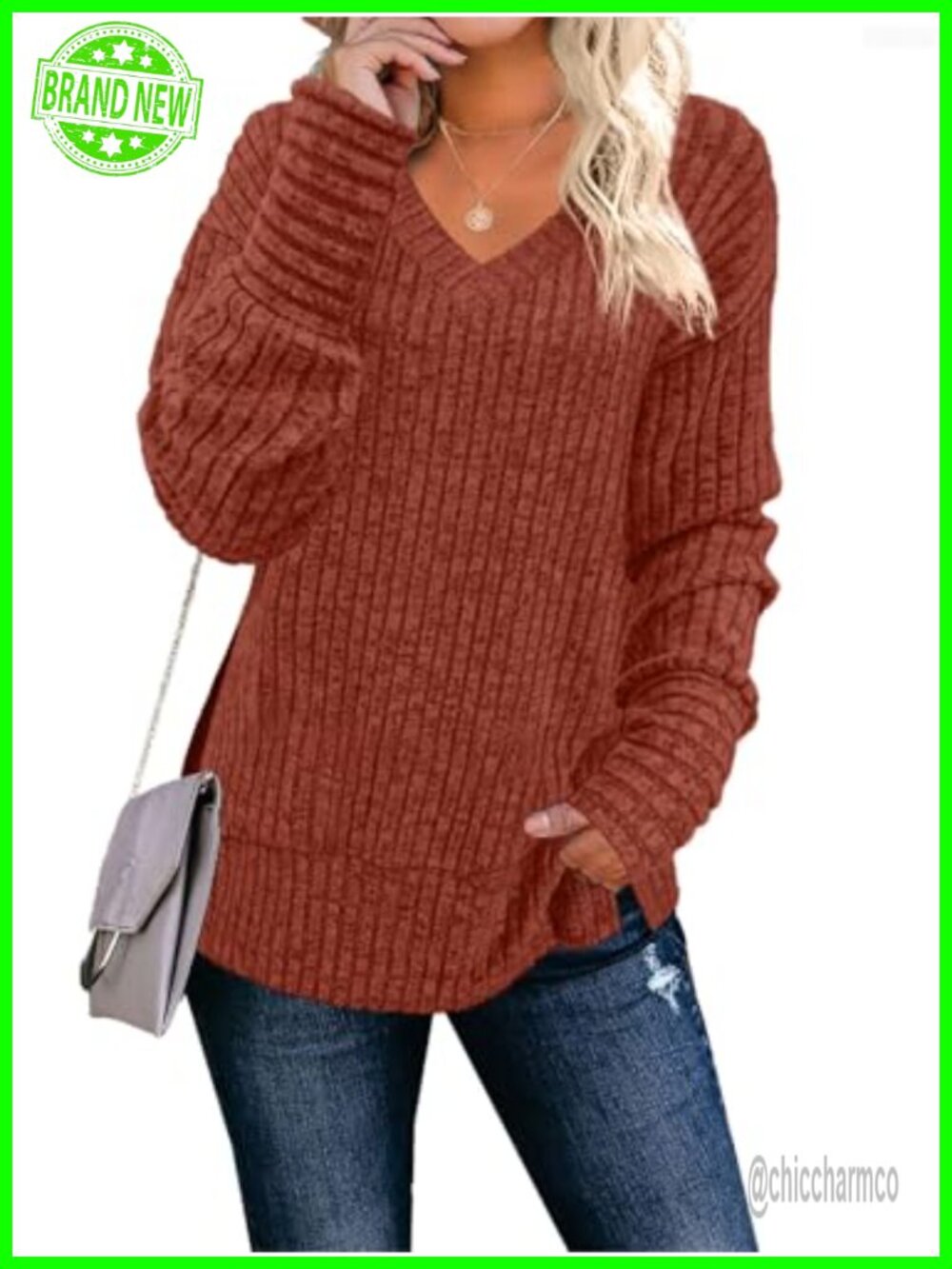 Womens Long Sleeve V Neck Sweater Loose Casual Tunic Top Pullover
